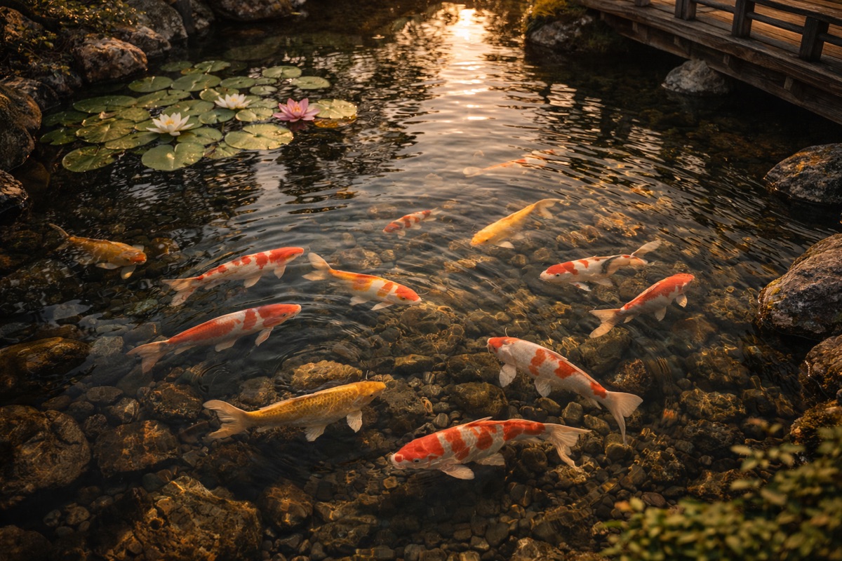 Koi pond at golden hour — Ovi Black grounds